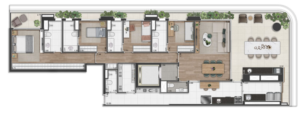 Planta Padrão - 4 suítes - 193m2 - 4 SUÍTES COM SALA DE ESTAR/JANTAR E TERRAÇO.
