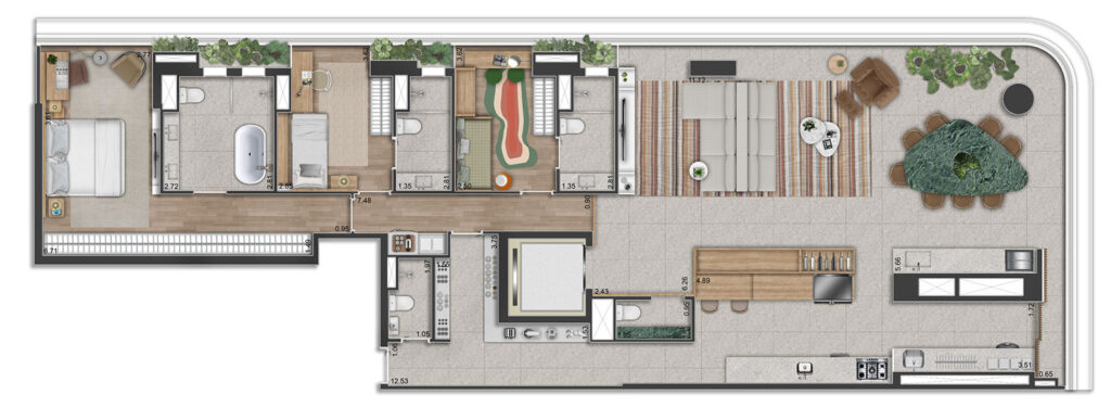 Planta Opção 1 - 3 suítes - 193m² - 3 SUÍTES, SENDO A SUÍTE MASTER COM SALA DE BANHO E SALA AMPLIADA.