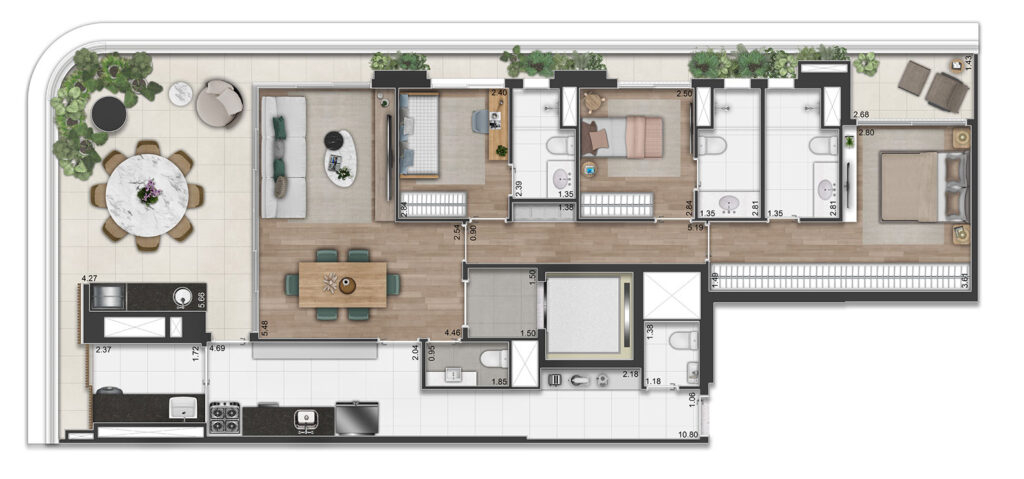 Planta Padrão - 3 suítes - 154,50m² - 3 SUÍTES COM SALA DE ESTAR/JANTAR E TERRAÇO.