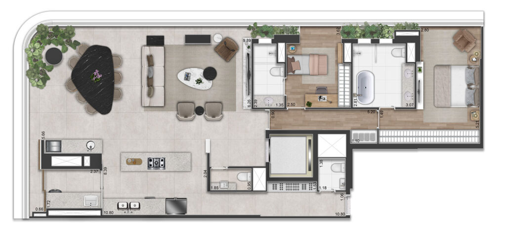 Planta Opção 1 - 2 suítes - 154,50m² - 2 SUÍTES, SALA AMPLIADA E SUÍTE MASTER COM SALA DE BANHO SR. E SRA.