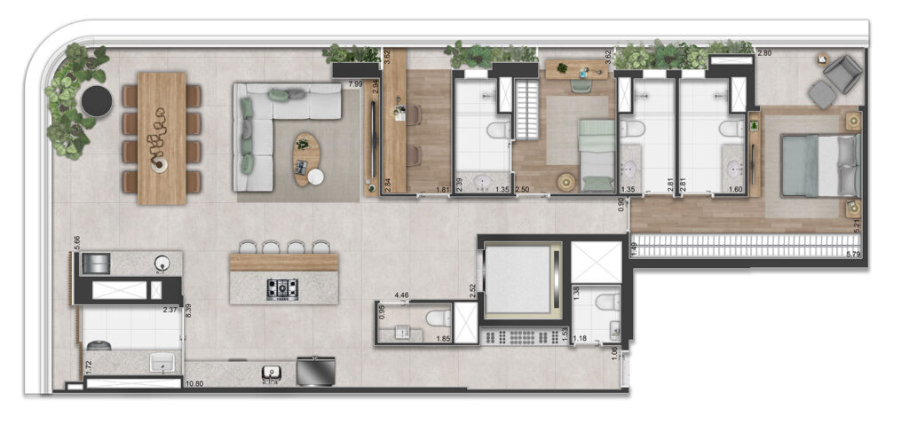 Planta Opção 2 - 2 suítes - 154,50m² - 2 SUÍTES, SENDO A SUÍTE MASTER COM BANHO SR. E SRA. E SALA AMPLIADA COM HOME OFFICE.