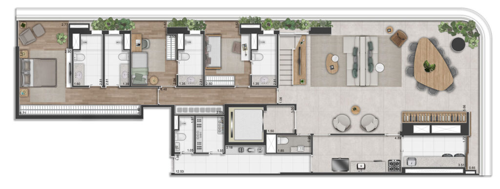Planta Duplex Pav. Inferior - 4 suítes - 374m² *Incluso deposito privativo - 4 SUÍTES, SALA DE ESTAR/JANTAR, TERRAÇO SOCIAL, SUÍTE MASTER COM BANHO SR. E SRA.PAV. SUPERIOR COM 4ª SUÍTE, TERRAÇO GOURMET E TERRAÇO DESCOBERTO.