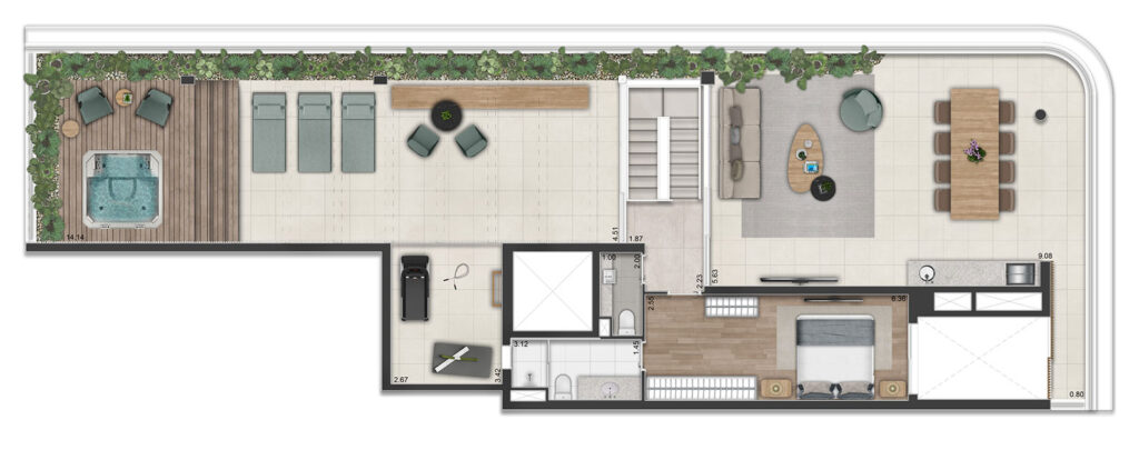 Planta Duplex Pav. Superior - 4 suítes - 374m² *Incluso deposito privativo - 4 SUÍTES, SALA DE ESTAR/JANTAR, TERRAÇO SOCIAL, SUÍTE MASTER COM BANHO SR. E SRA.PAV. SUPERIOR COM 4ª SUÍTE, TERRAÇO GOURMET E TERRAÇO DESCOBERTO.