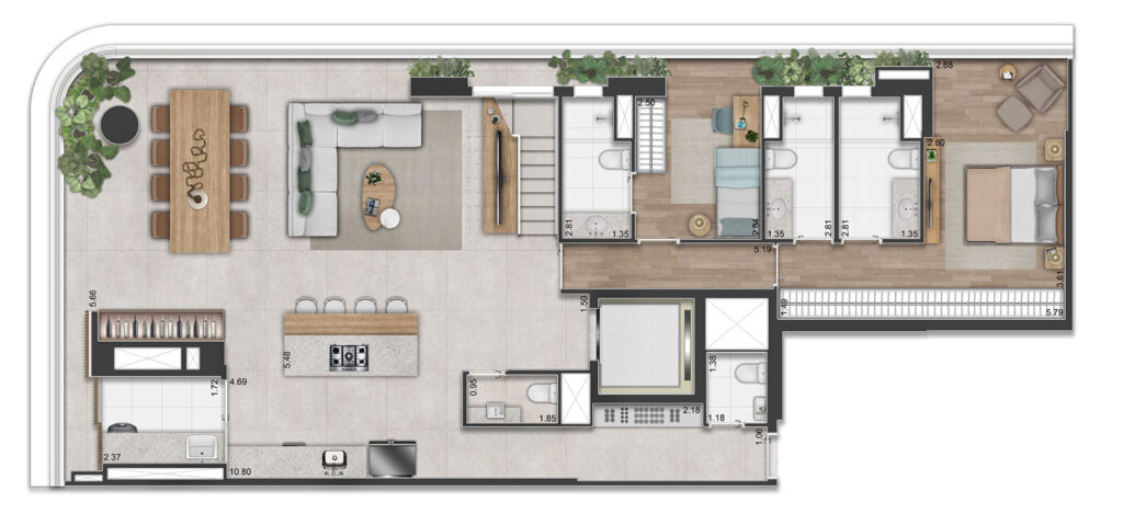 Planta Duplex Pav. Inferior - 3 suítes - 300m² - 3 SUÍTES, SALA DE ESTAR/JANTAR, TERRAÇO SOCIAL, SUÍTE MASTER COM BANHO SR. E SRA. PAV. SUPERIOR COM 3ª SUÍTE, TERRAÇO GOURMET E TERRAÇO DESCOBERTO.