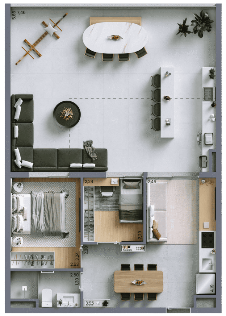 Planta Artística do Apartamento Garden de 85m² com 2 dormitórios e 1 vaga