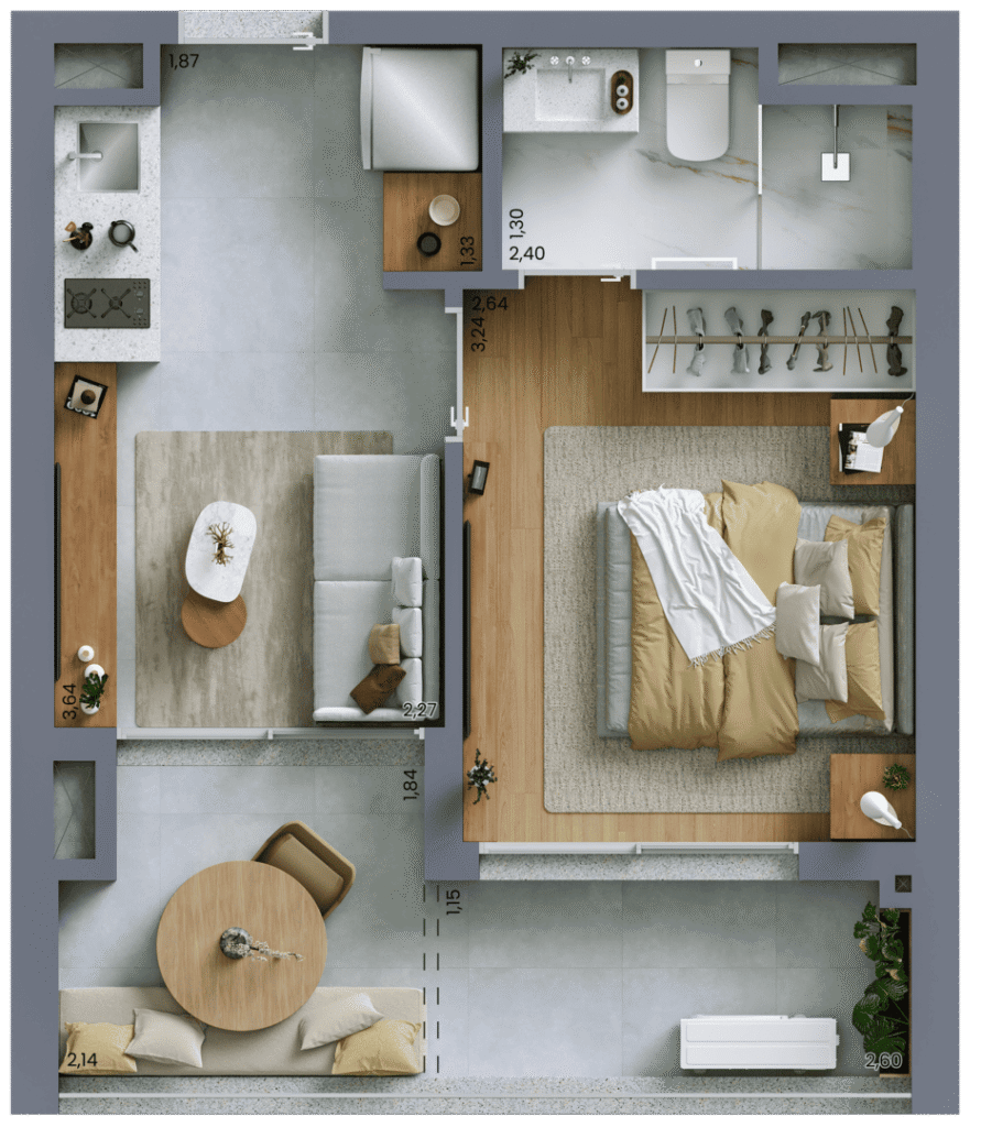 Planta Artística do Apartamento Padrão de 34m² com 1 dormitório
