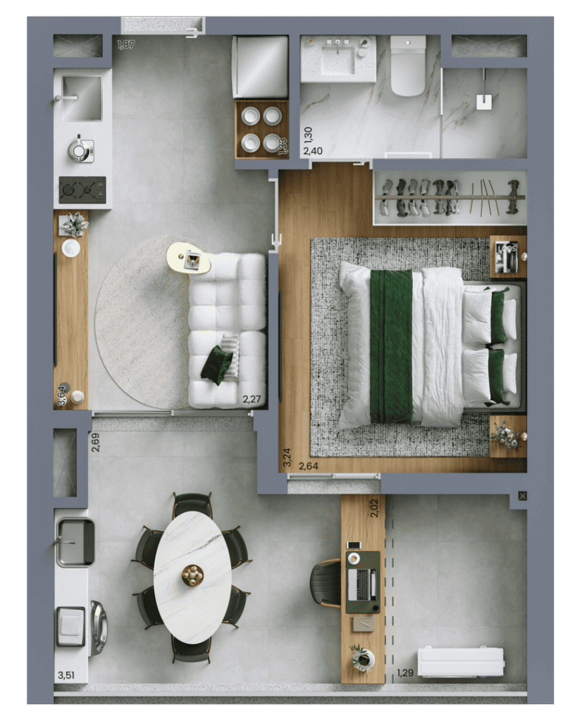 Planta Artística do Apartamento Padrão de 38m² com 1 dormitório