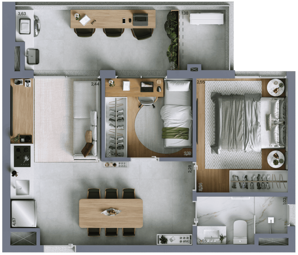 Planta Artística do Apartamento Padrão de 50m² com 2 Dormitórios e 1 vaga