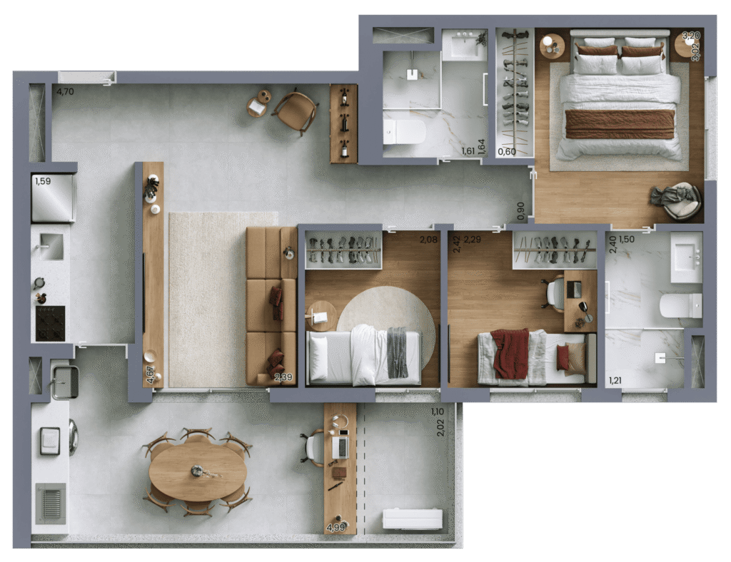 Planta Artística do Apartamento Padrão de 72m² com 3 dormitórios (1 suíte) e 1 vaga
