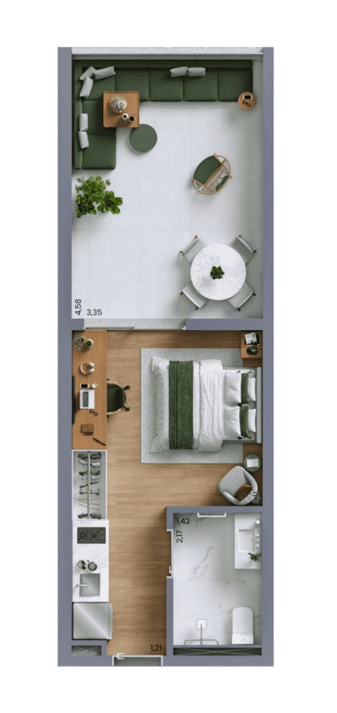 Planta Artística do Studio de 40m² com Garden